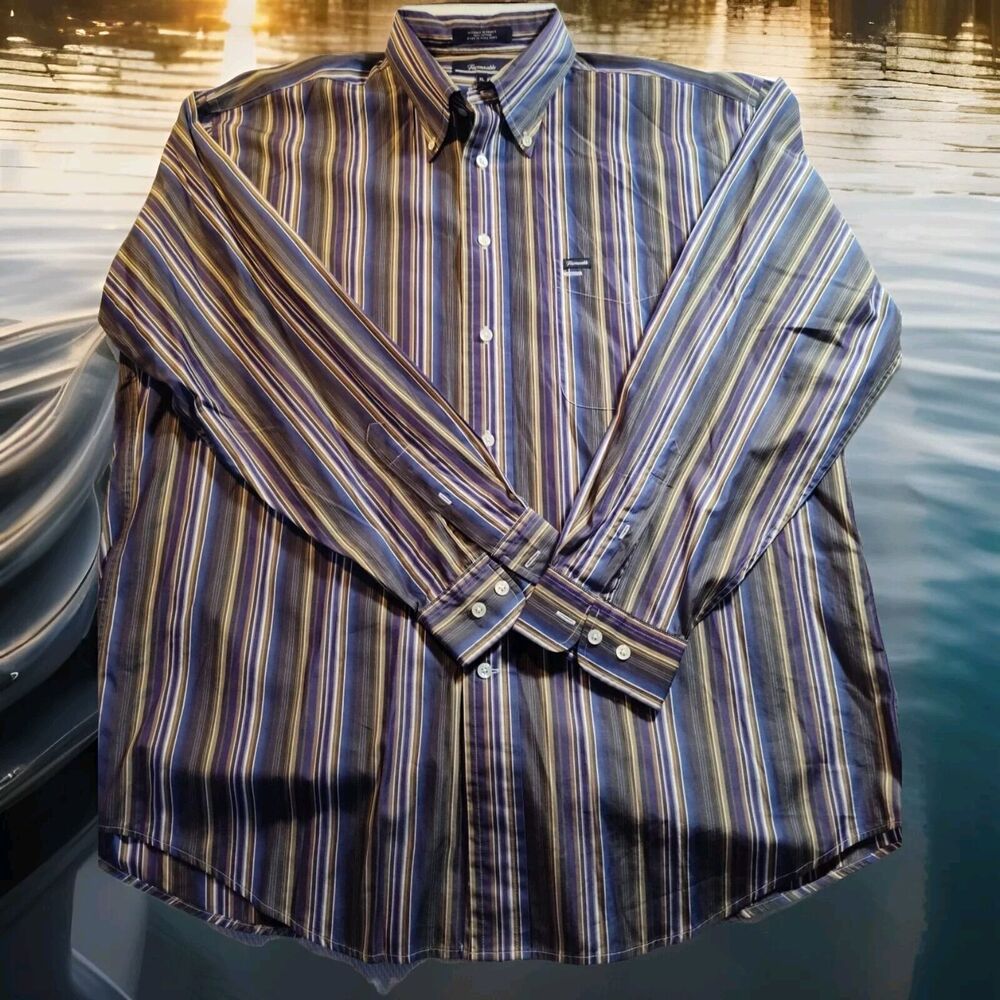 Faconnable Blue, Brown & White Cotton Striped XL Men's Long Sleeve Button 850